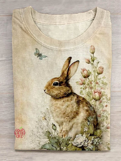 Easter Rabbit Flower Pattern Art Design Print T-shirt