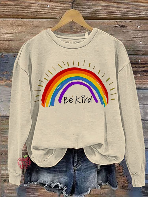 Be Kind Rainbow Stripe Casual Print Sweatshirt