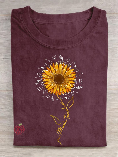 Music Teacher Sunflower Teacher Casual Print T-shirt