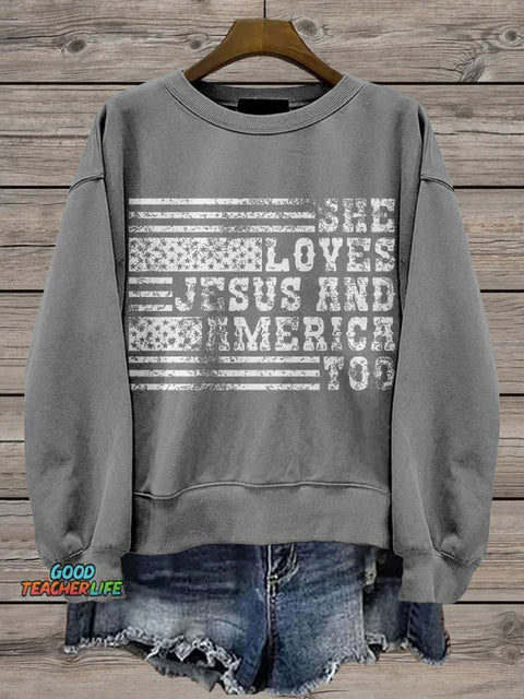 Retro USA She Loves Jesus And America Too Casual Print Sweatshirt