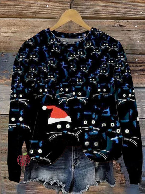 Christmas Black Cat Art Print Casual Sweatshirt