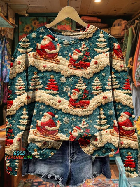 Women's Christmas Winter Santa Claus Textured Prints Casual Sweatshirt