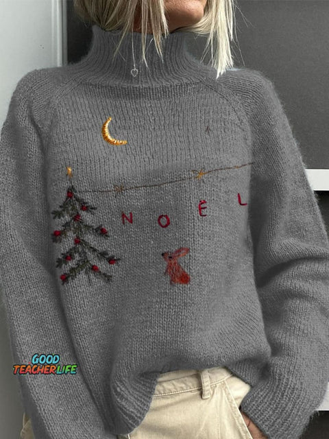 Embroidery  Christmas Art Print Knit Turtleneck Pullover Sweater