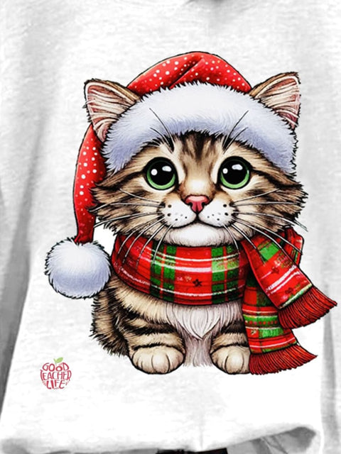 Christmas Cat Print Casual Sweatshirt