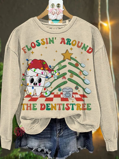 Christmas Flossing Around The Dentistree Christmas Dentist Orthodontist Casual  Sweatshirt