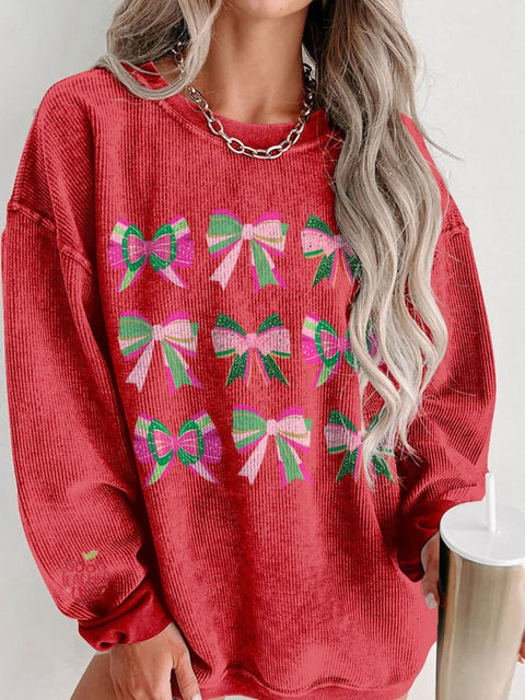 Women's Glitter Christmas Coquette Bows Casual Print Corduroy Sweatshirt