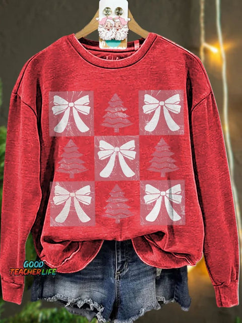 Christmas Retro Checkered Christmas Tree Pink bow Casual  Sweatshirt
