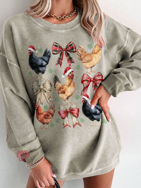 Women's Chicken Christmas Coquette Casual Print Corduroy Sweatshirt