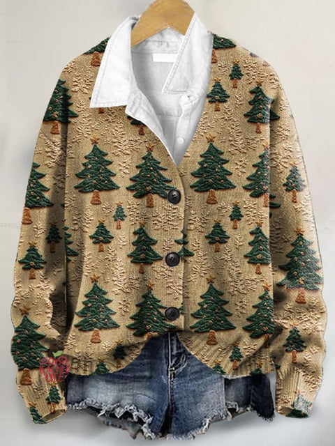 Christmas Tree 3D Art Print Buttoned V-neck Cardigan Sweater