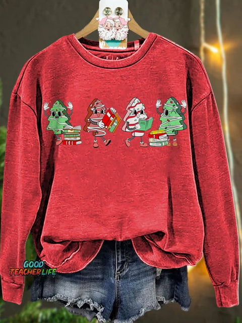 Christmas Cake Tree Reading Book Casual  Sweatshirt
