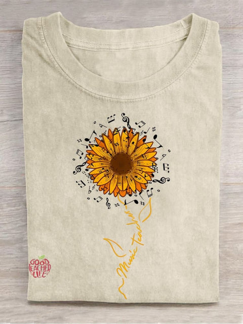 Music Teacher Sunflower Teacher Casual Print T-shirt