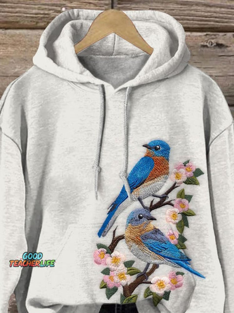 Embroidery Spring Bird Art Printed Casual Sweatshirt