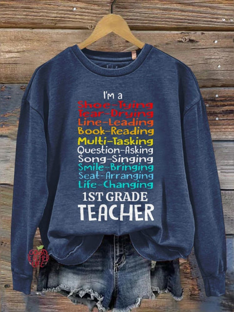 First Grade Teacher Print Casual Long Sleeve Sweatshirt