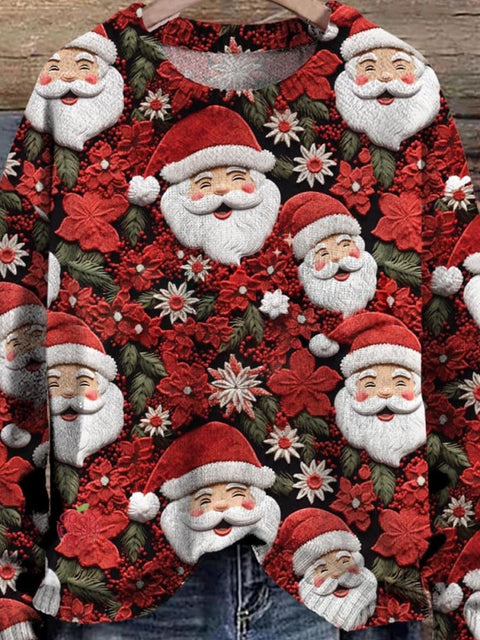 Christmas Cute Santa Claus Flowers Art Pattern Print Casual Knit Pullover Sweater