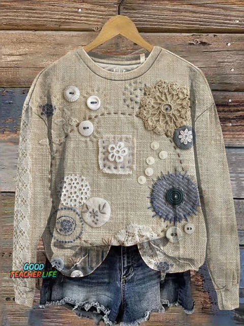 Retro Lace Patchwork Art Print Casual Sweatshirt