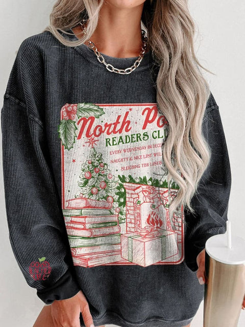 Bookish Christmas Pole Book Club Santa Women's  Casual Print Corduroy Sweatshirt