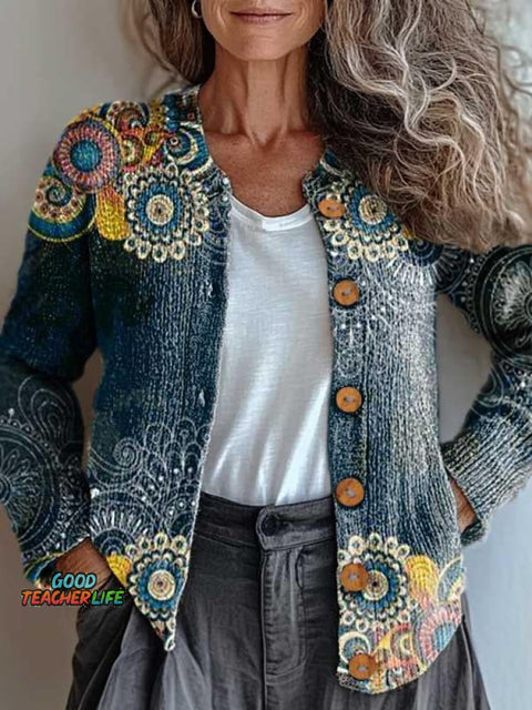 Retro Ethnic Totem Pattern Print Buttoned Cardigan Sweater