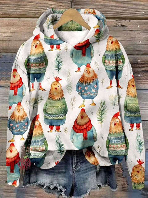 Christmas Cute Chickens In Sweaters Art Print Hooded Sweatshirt