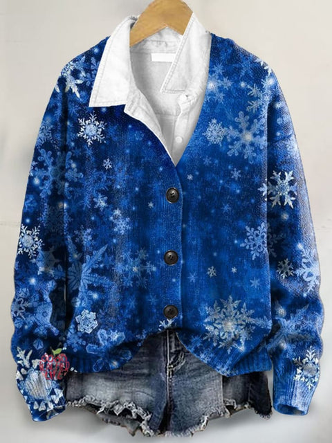 Christmas Snowflake Art Print Buttoned V-neck Cardigan Sweater