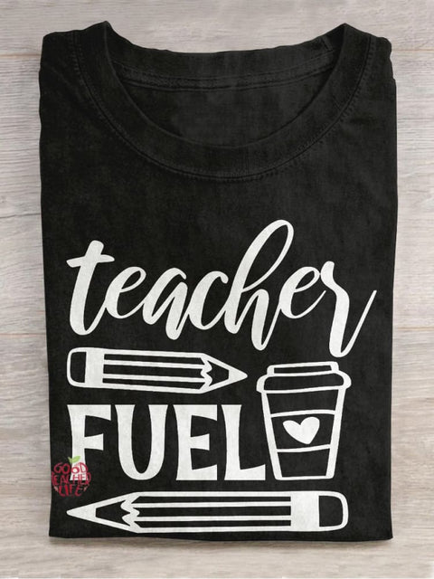 Teacher Fuel Pencil Coffee Casual Print T-shirt