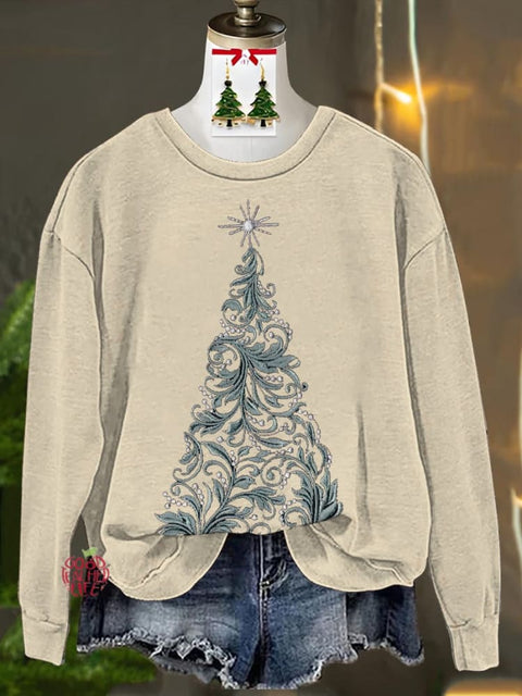 Tengman Christmas Tree Imitation Embroidery Printed Casual Sweatshirt