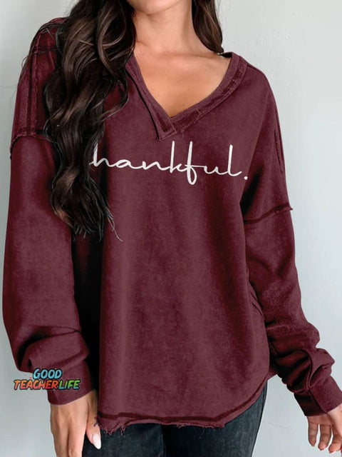 Thankful Womens Thanksgiving Women's Print Long Sleeve V-neck Comfortable Cotton Shirt