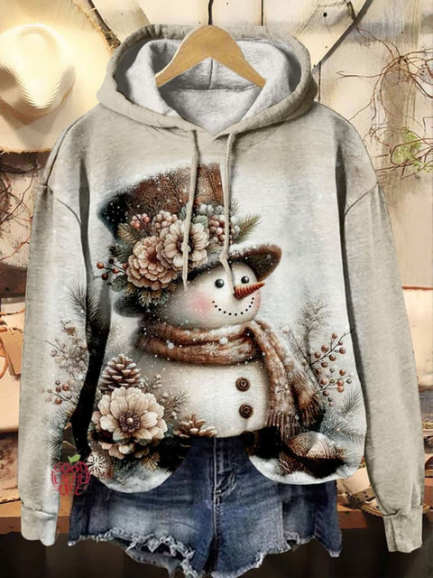 Cute Snowman Christmas Tree Print Casual Hoodie Sweatshirt