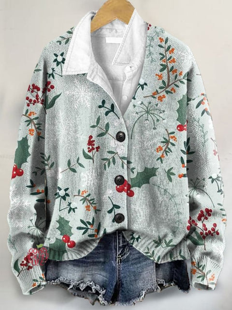 Christmas Fruit Art Print Buttoned V-neck Cardigan Sweater