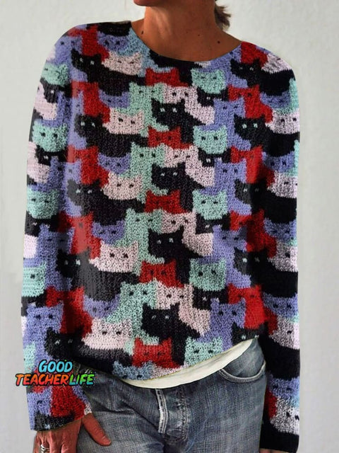 Colorful Cat Print Knit Pullover Sweater