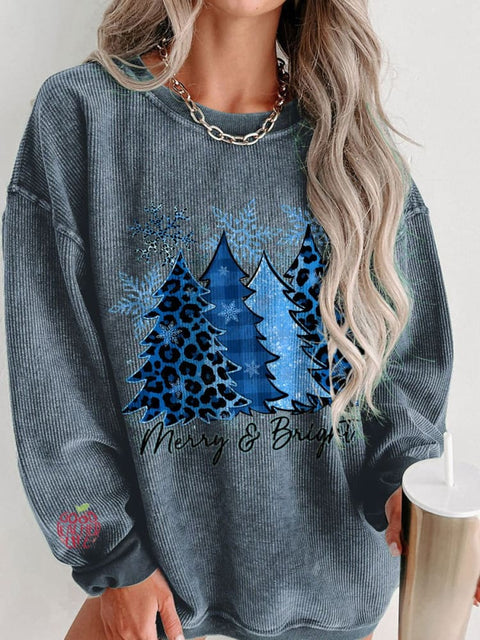 Women's Blue Christmas Trees Snowflake Merry and Bright Casual Print Corduroy Sweatshirt