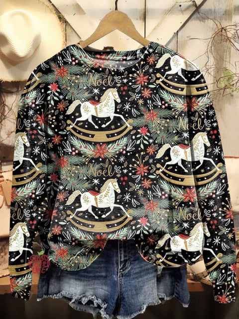 Women's Christmas Pony Art Print Casual Sweatshirt