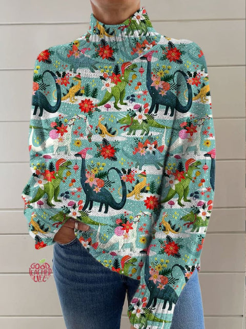 Women's Lovely Christmas Dinosaur Floral Art Print Knit Turtleneck Pullover Sweater