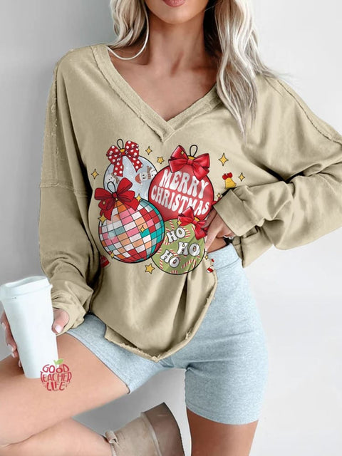 Women's Retro Christmas Ornaments Print Long Sleeve V-neck Comfortable Cotton Shirt