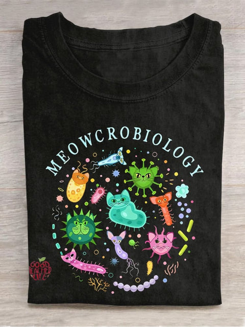 Meowcrobiology Cat Virus Teacher Casual Print T-shirt