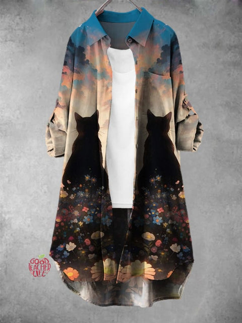 Women's Black Kitten Watching The Horizon Art Symmetrical Printed Long Shirt Skirt