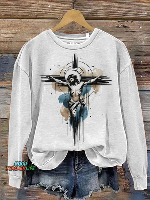 Jesus And Crusifix Graphic Printed Casual Sweatshirt
