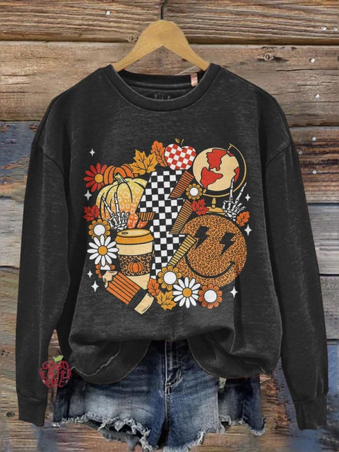 Autumn Harvest Halloween Teacher Print Casual Long Sleeve Sweatshirt