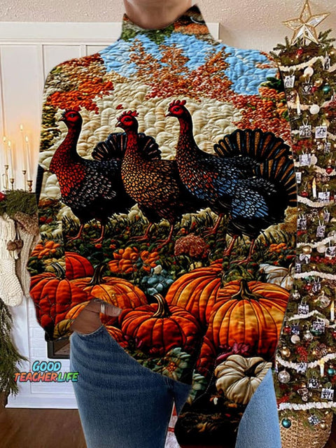 Turkey Art Print Knit Turtleneck Pullover Sweater