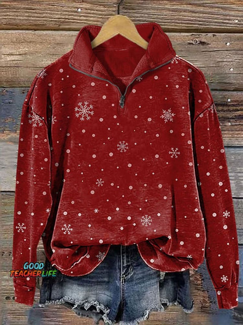 Christmas red snowflakes Casual Long Sleeve Zip Sweatshirt