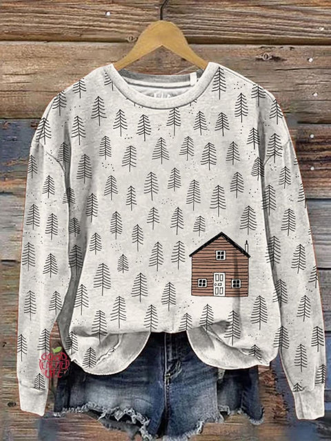 Winter Forest Hut Art Printed Casual Sweatshirt