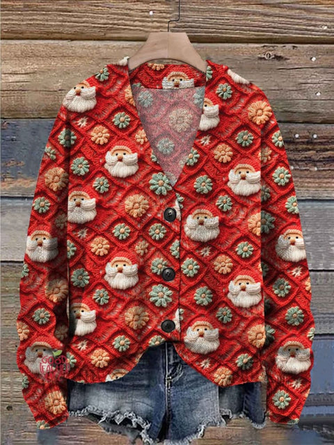 Santa Christmas Print Buttoned V-neck Cardigan Sweater