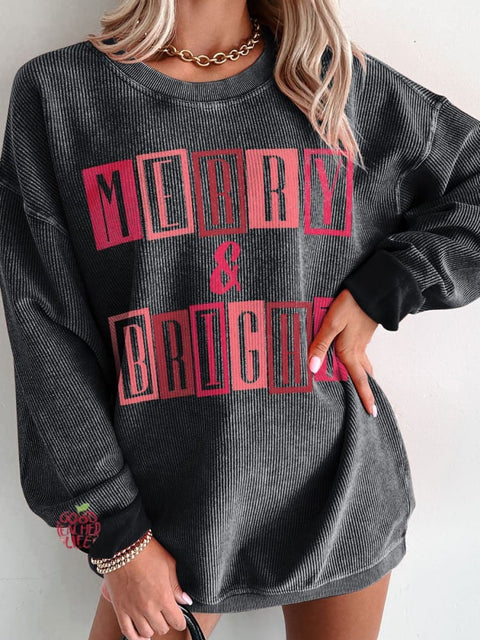 Women's Pink Christmas Merry and Bright Casual Print Corduroy Sweatshirt