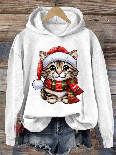 Christmas Cat Print Casual Sweatshirt