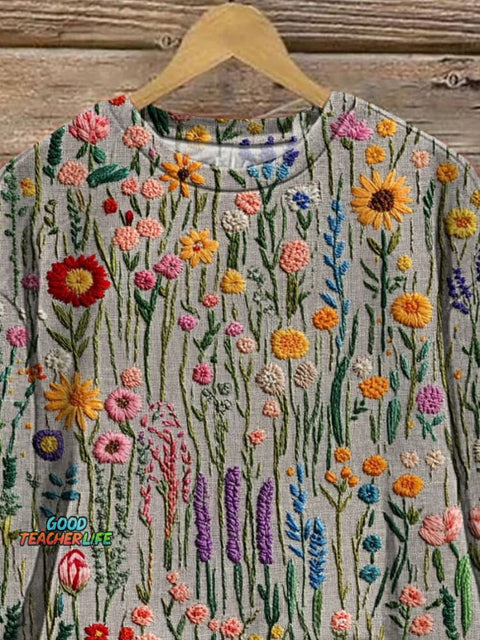 Embroidery Meadows Floral Field Art Printed Casual  Sweatshirt