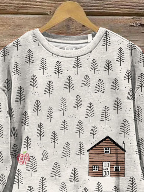 Winter Forest Hut Art Printed Casual Sweatshirt