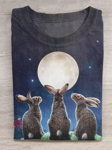 Easter Rabbit Moon Pattern Art Design Print T-shirt