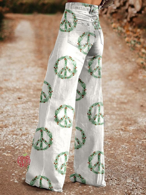 Women's Christmas Peace Sign Print Casual Wide Leg Pants