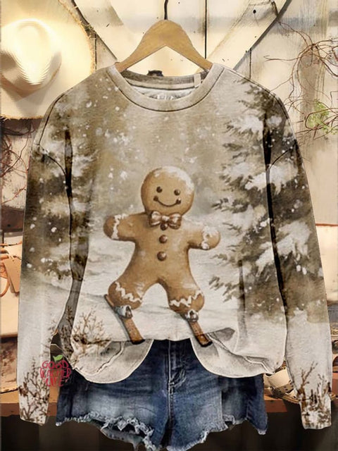 Christmas Gingerbread Man Ski Oil Christmas Art Print Casual Sweatshirt