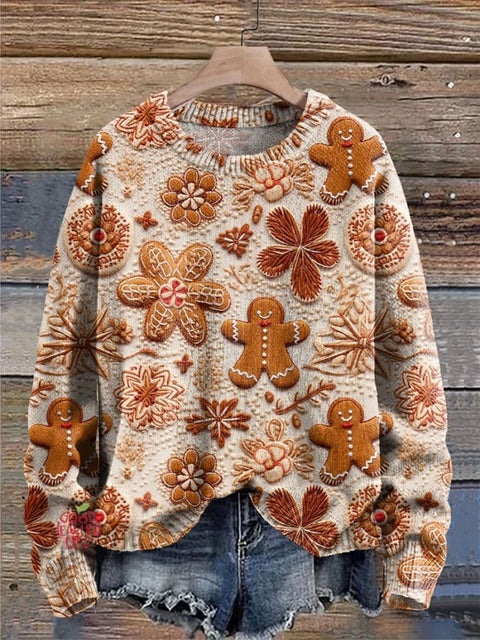 Gingerbread Christmas Cookie Print Knit Pullover Sweater