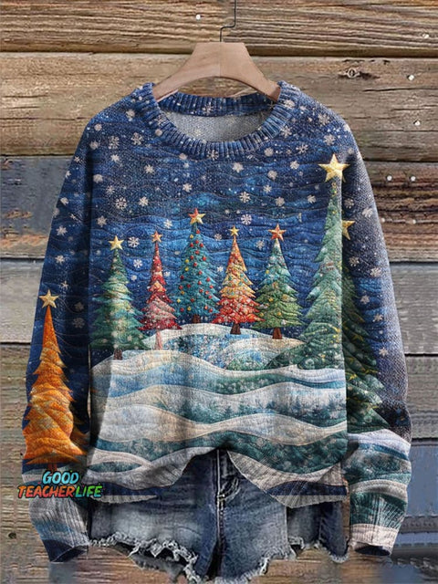 Christmas colorful Christmas tree Night Print Knit Pullover Sweater